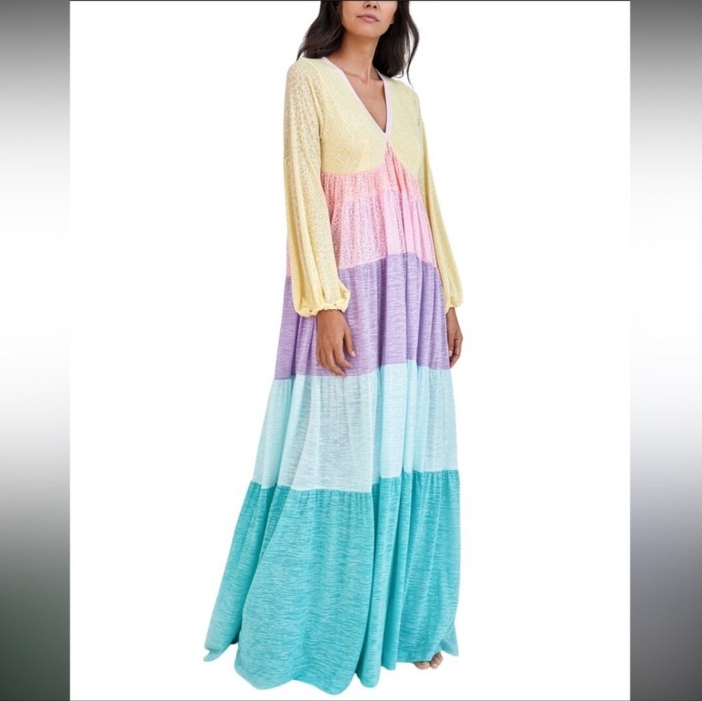 Pitusa Pastel Rainbow Tiered Maxi Dress Burnout Animal Print Semi-Sheer One Size
